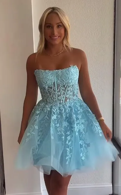 2023 Strapless Lace Homecoming Dresses PC1129