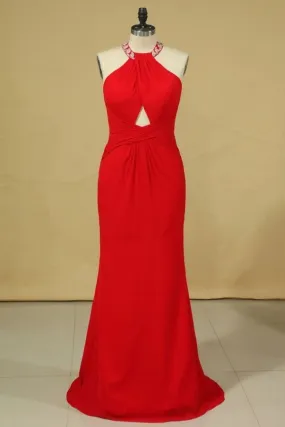 2024 Red Plus Size Scoop Prom Dresses Floor Length Spandex With Beading PK31SDMD