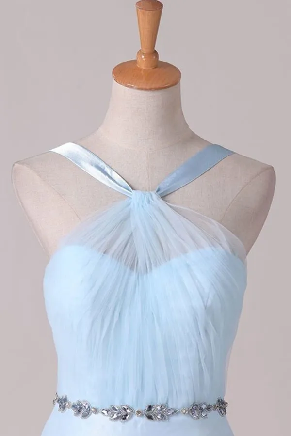 2024 Tulle Straps Bridesmaid Dresses A Line With Ruffles And Beads P64CNTEH