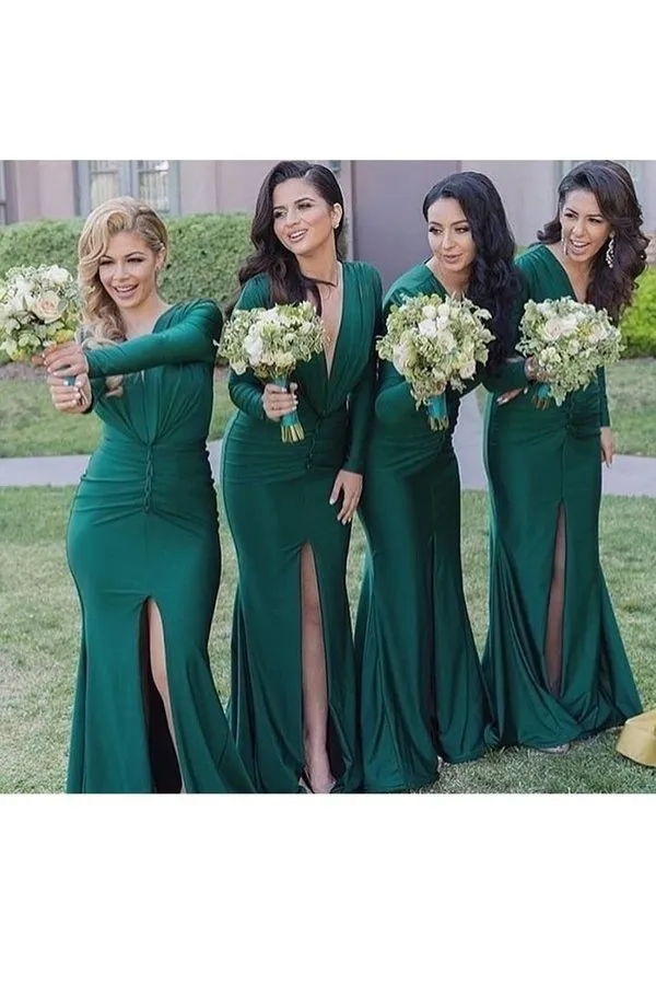 2024 V Neck Long Sleeves Mermaid Bridesmaid Dresses P17DF274