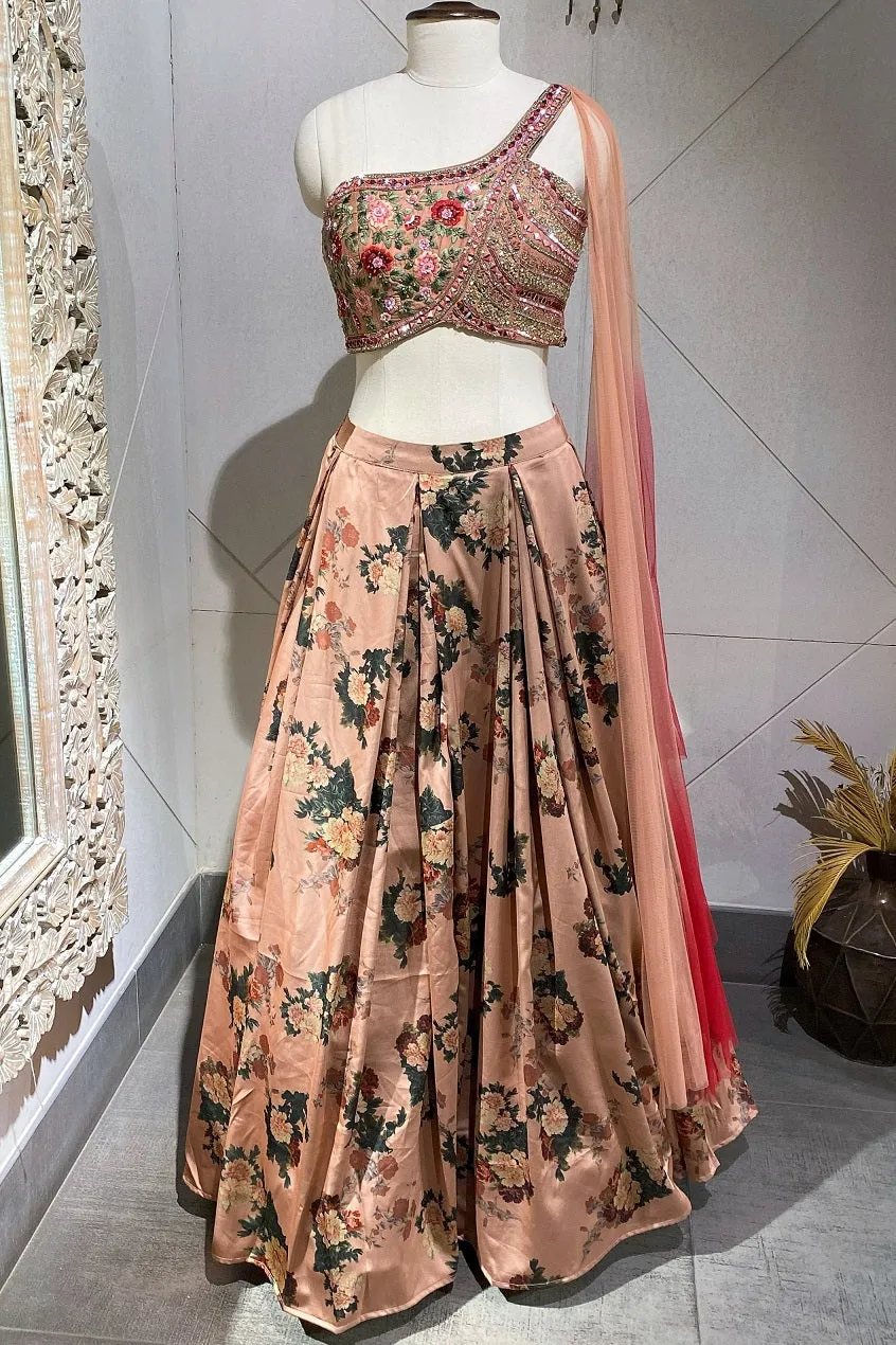 310053 Peach Floral One Side Shoulder Lehenga With Dupatta