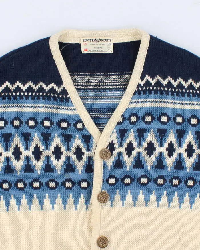 80s Vintage Men's Blue Fair Isle Knit  Wool Cardigan - L