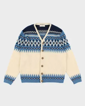 80s Vintage Men's Blue Fair Isle Knit  Wool Cardigan - L