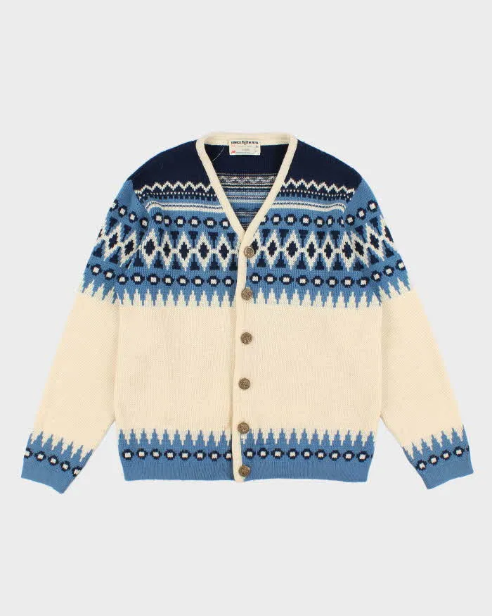 80s Vintage Men's Blue Fair Isle Knit  Wool Cardigan - L