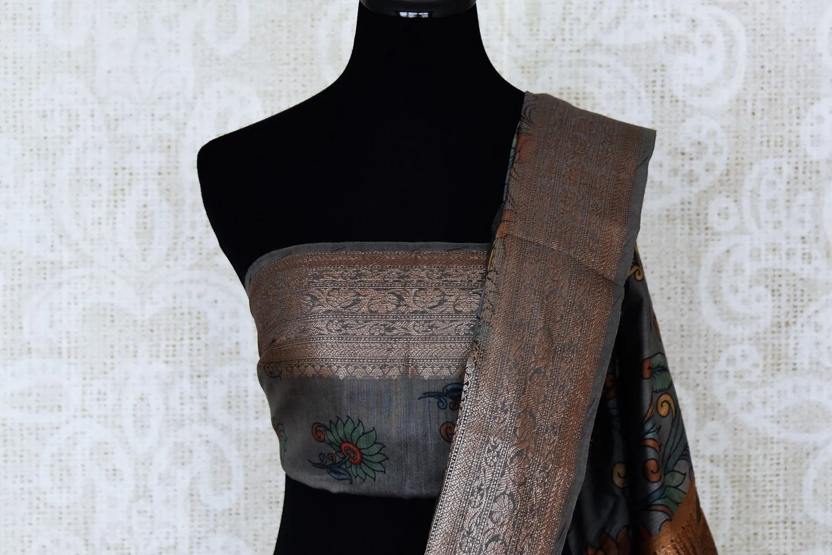 90L286 Dark Grey Kalamkari Print Tussar Silk Saree with Zari Border