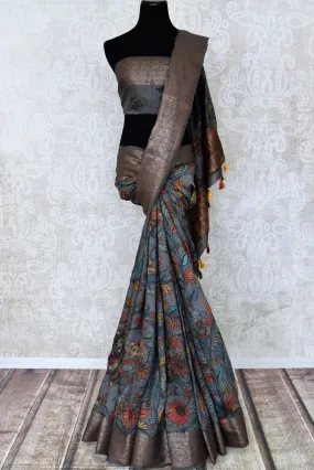 90L286 Dark Grey Kalamkari Print Tussar Silk Saree with Zari Border