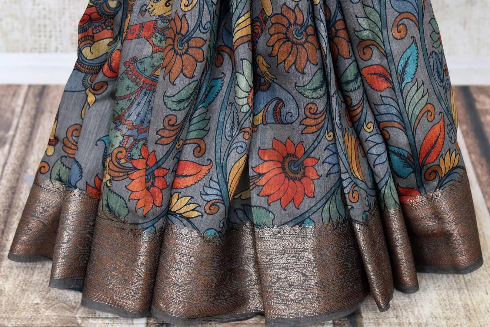 90L286 Dark Grey Kalamkari Print Tussar Silk Saree with Zari Border