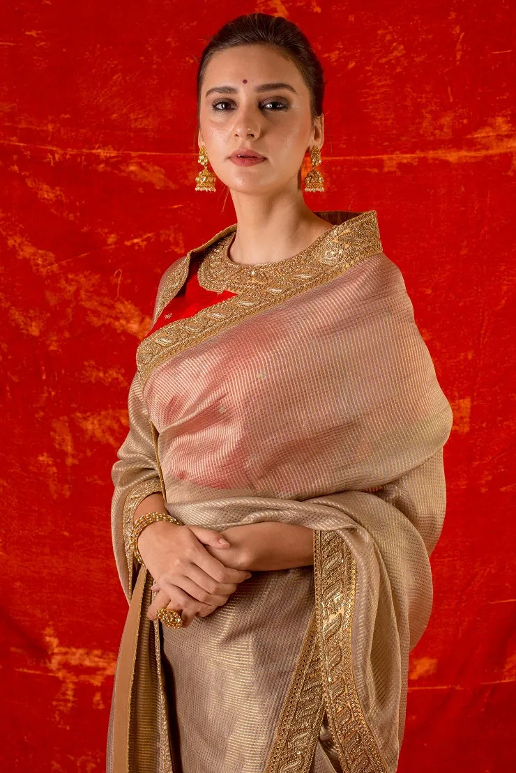 90Z019-RO Gold Embroidered Handloom Saree with Blouse