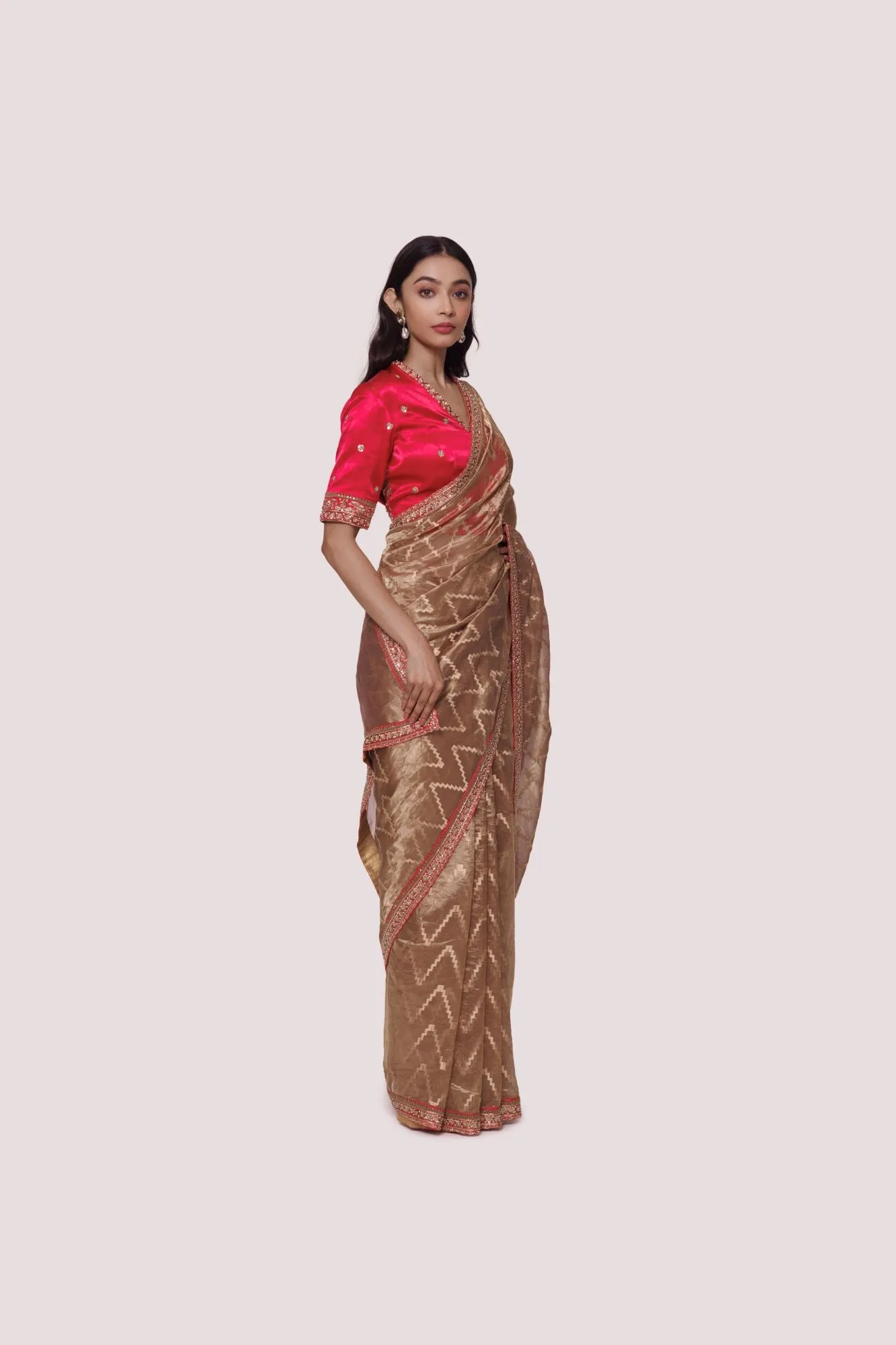 90Z825-RO Bronze Embroidered Saree With Blouse