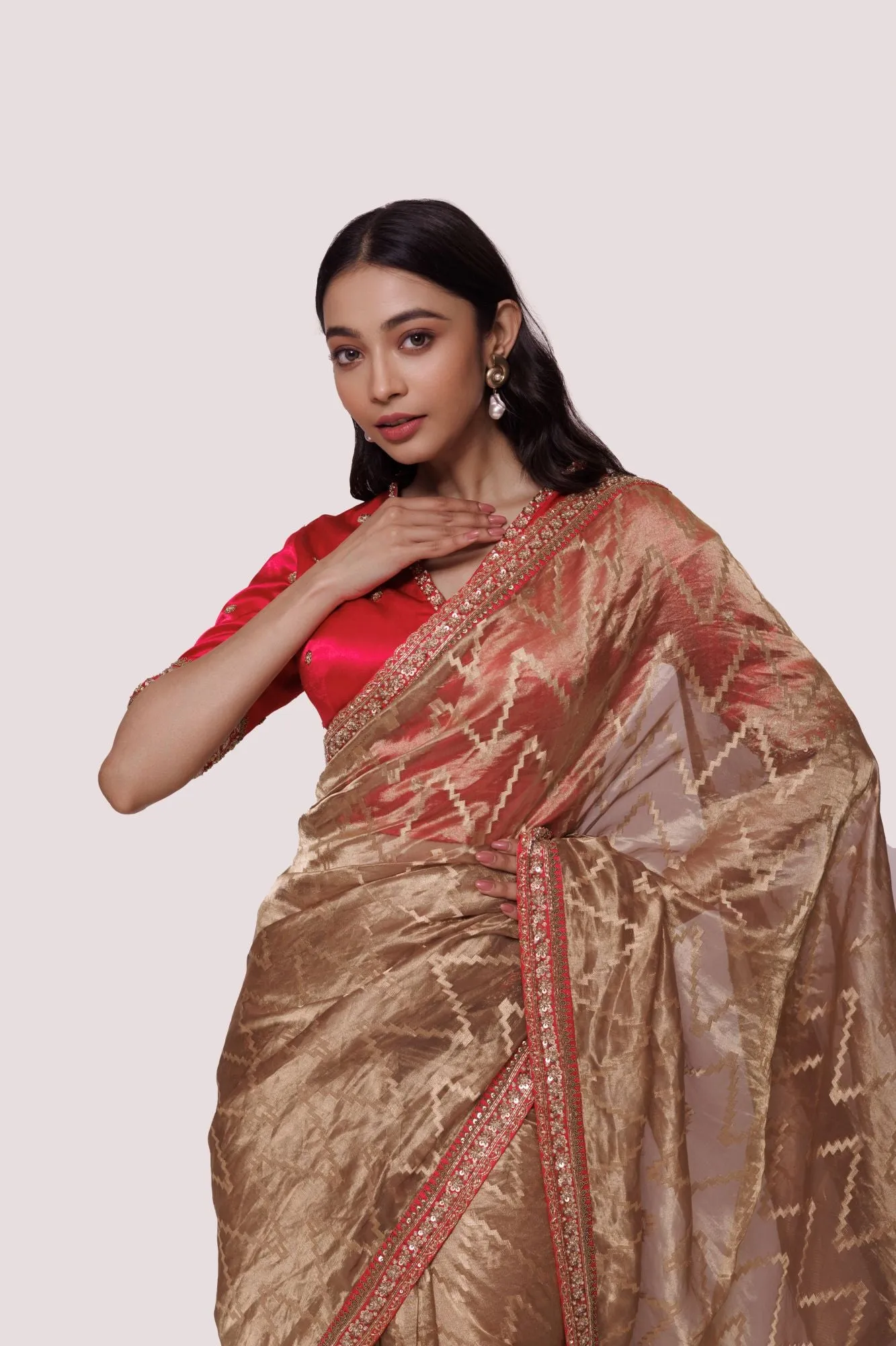 90Z825-RO Bronze Embroidered Saree With Blouse