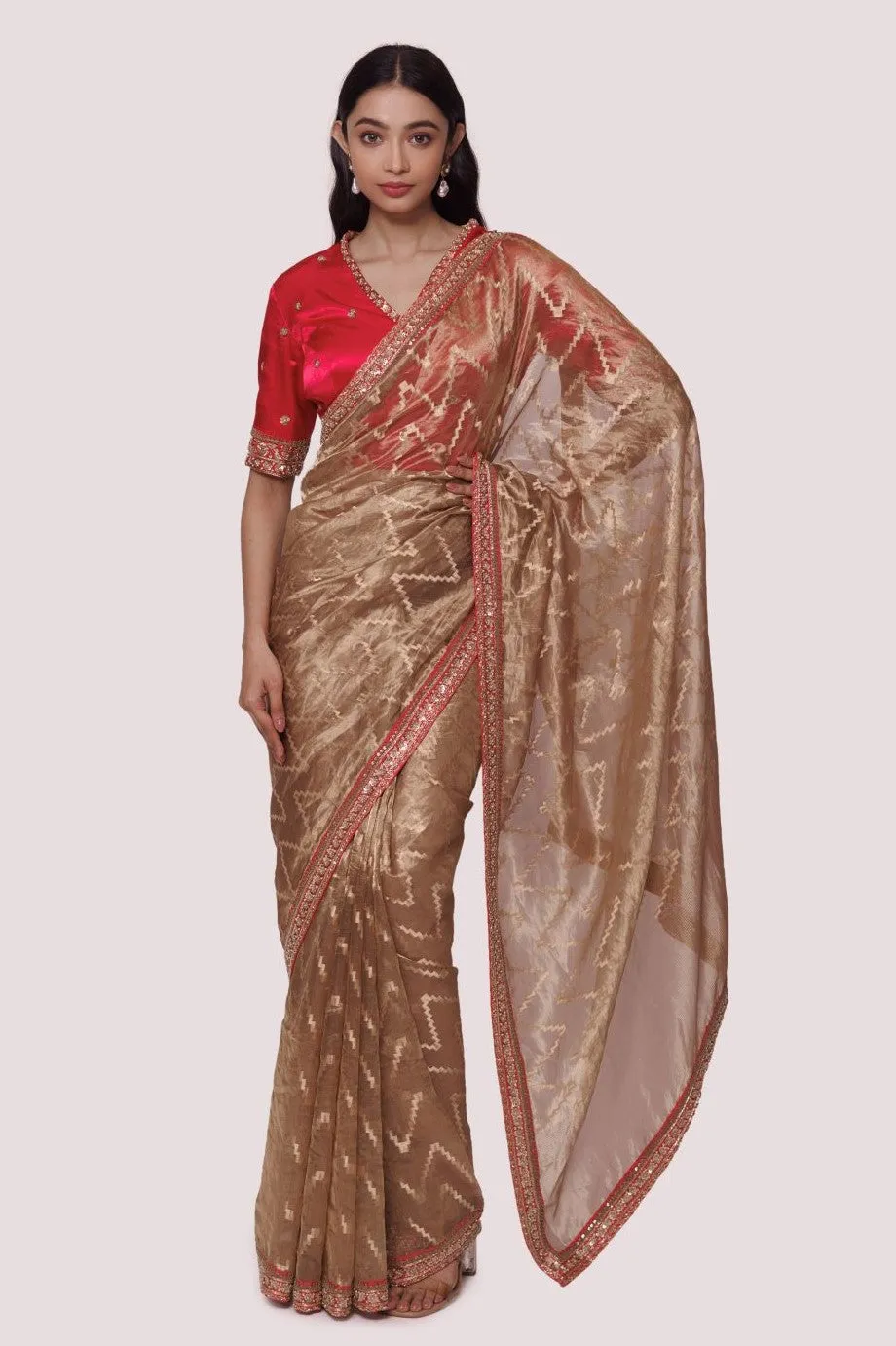 90Z825-RO Bronze Embroidered Saree With Blouse