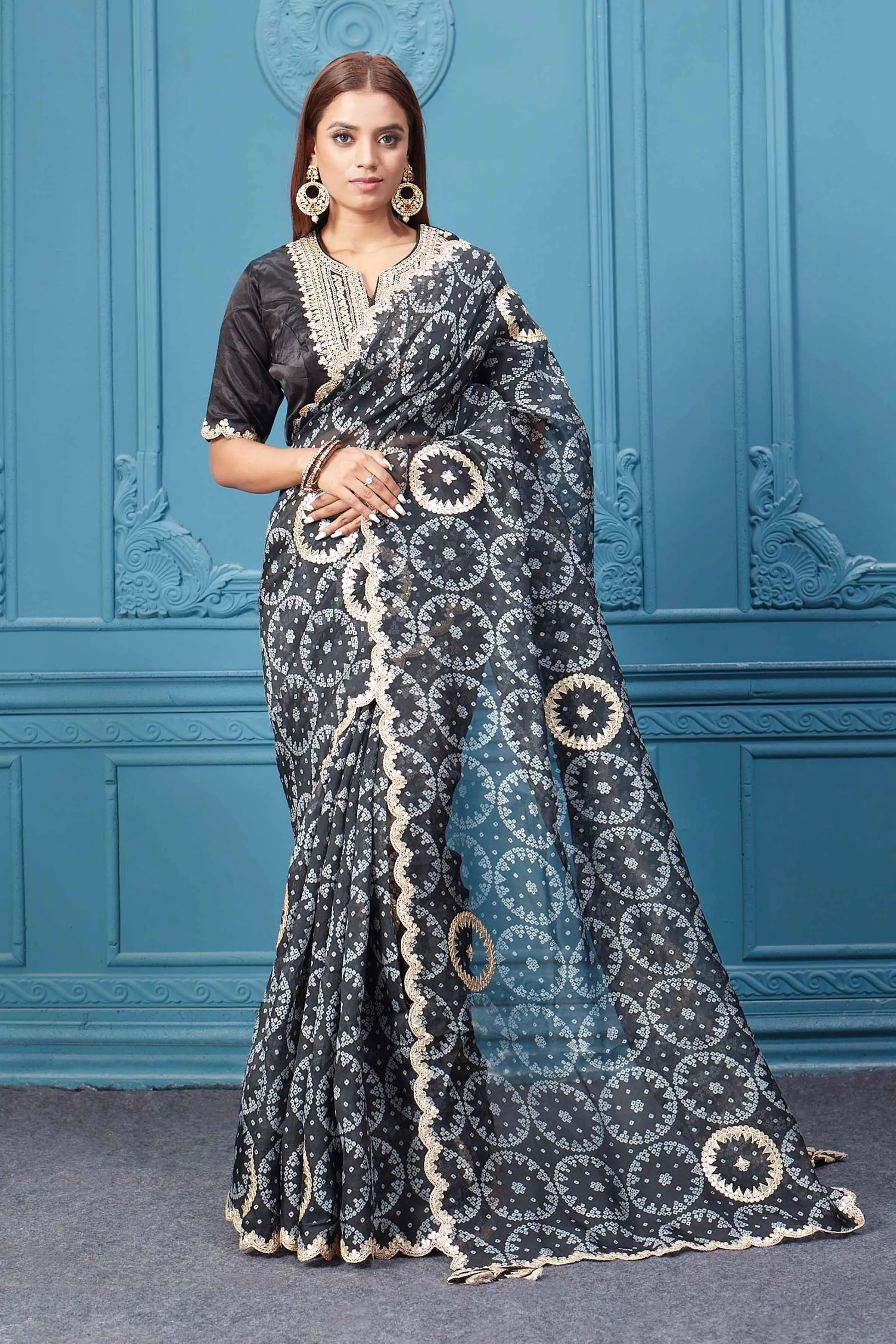 91A061 Black Bandhej Gota Work Organza Silk Saree with Blouse