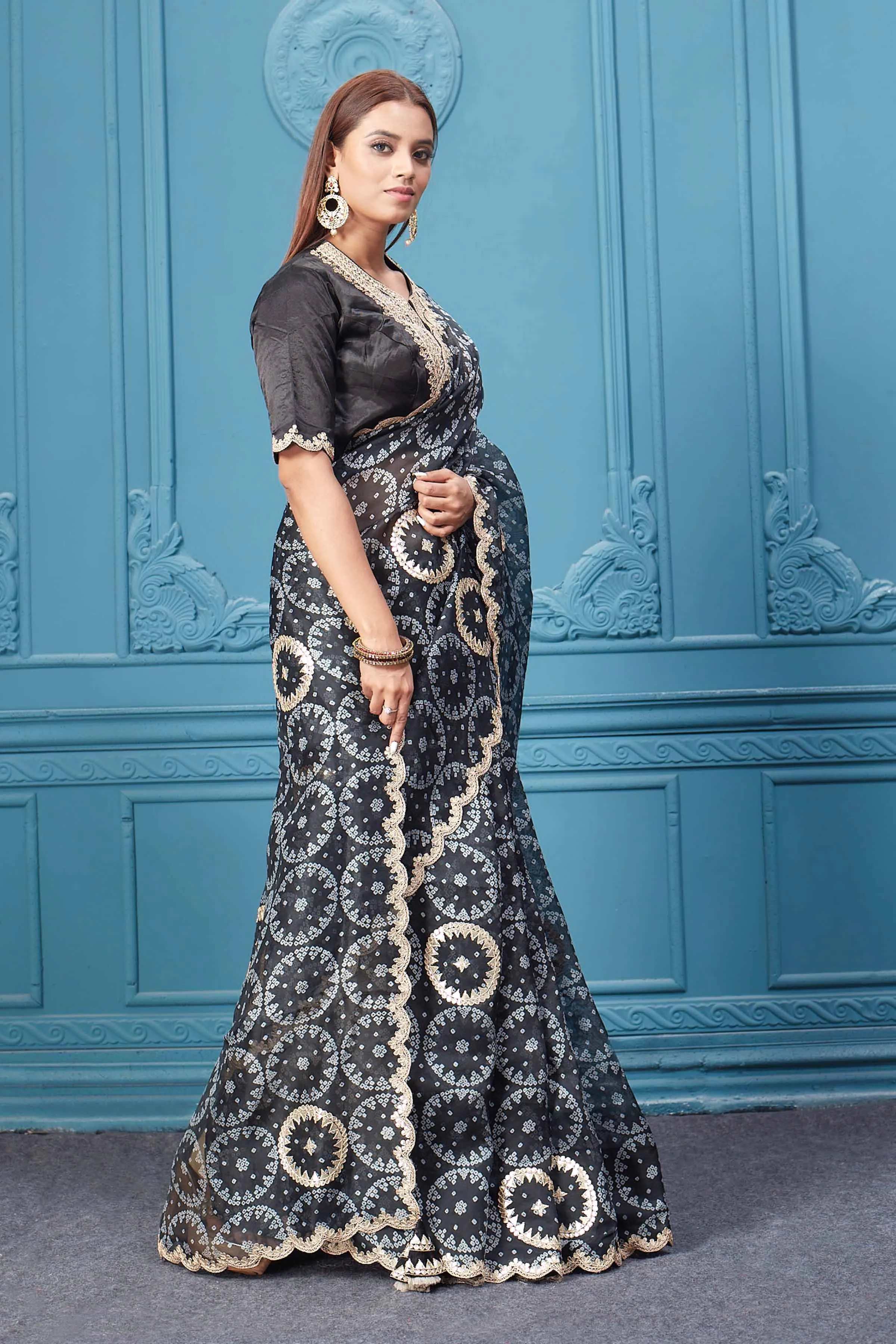 91A061 Black Bandhej Gota Work Organza Silk Saree with Blouse