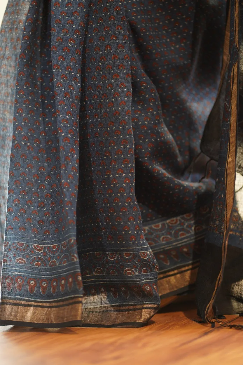 Ajrakh Hand Block Printed Linen Saree