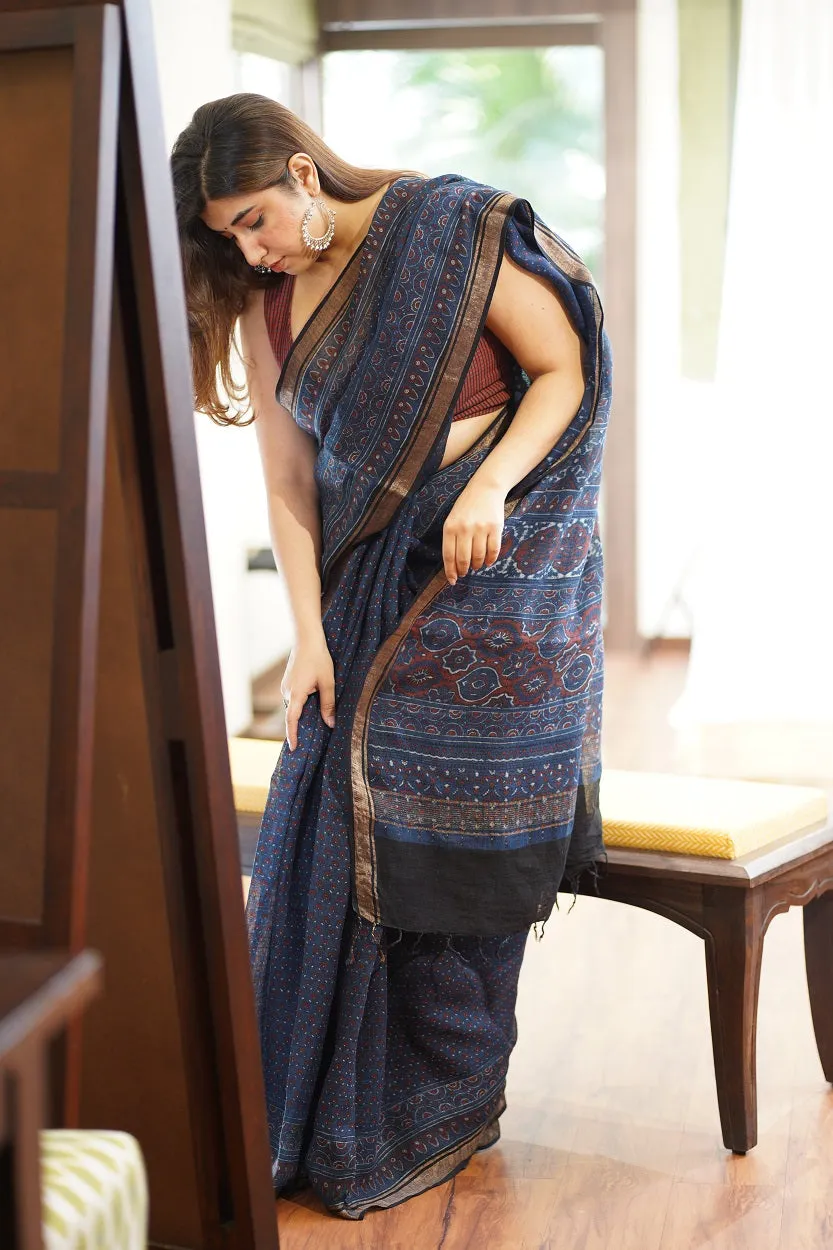 Ajrakh Hand Block Printed Linen Saree