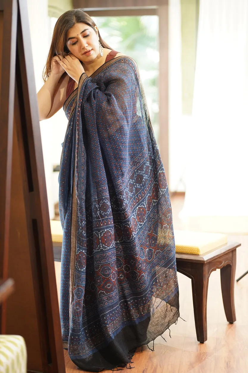 Ajrakh Hand Block Printed Linen Saree