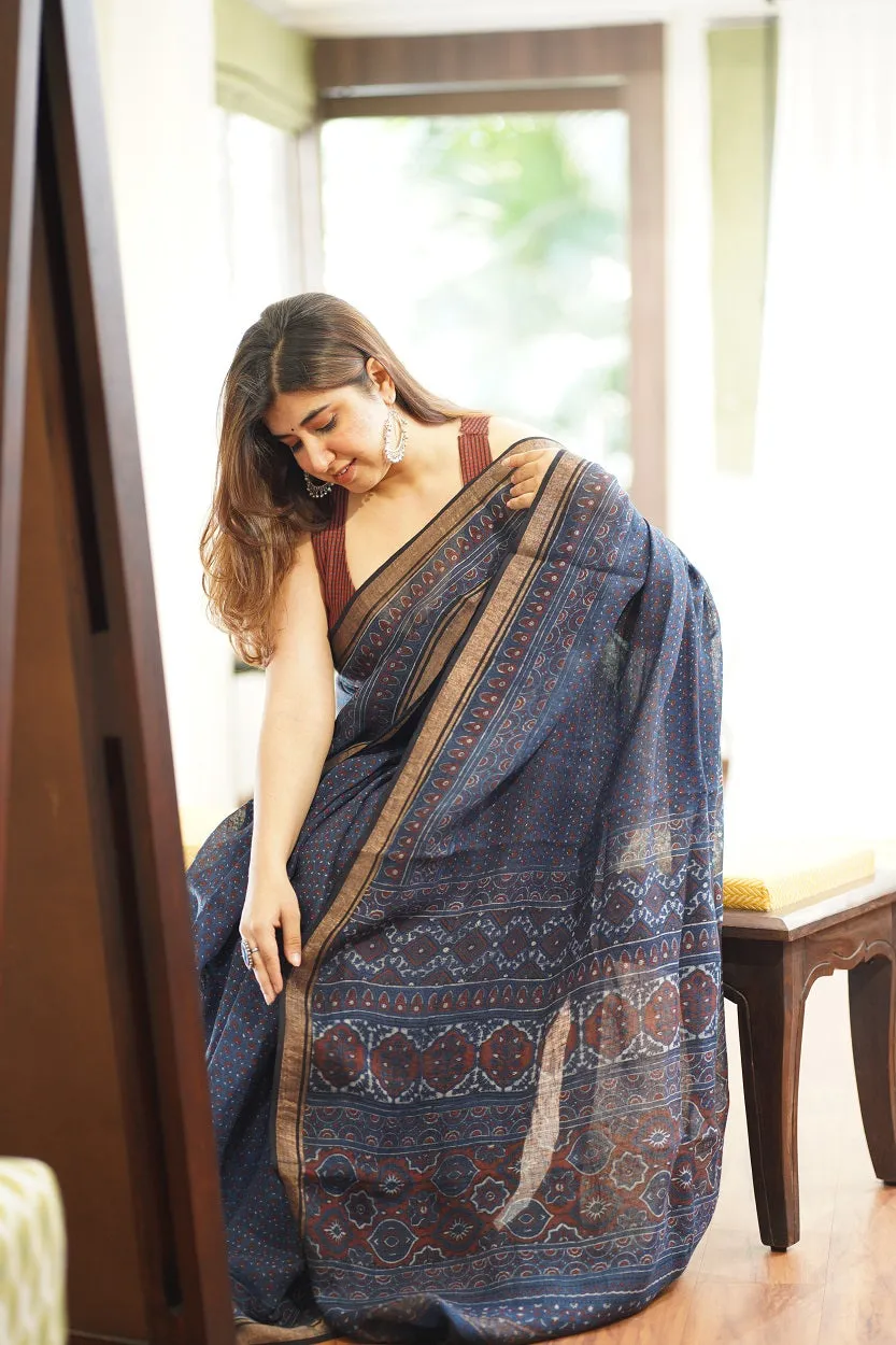 Ajrakh Hand Block Printed Linen Saree