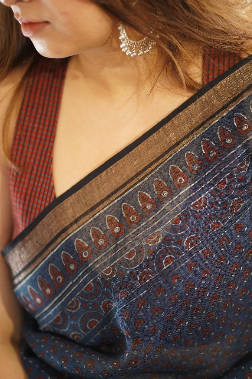 Ajrakh Hand Block Printed Linen Saree