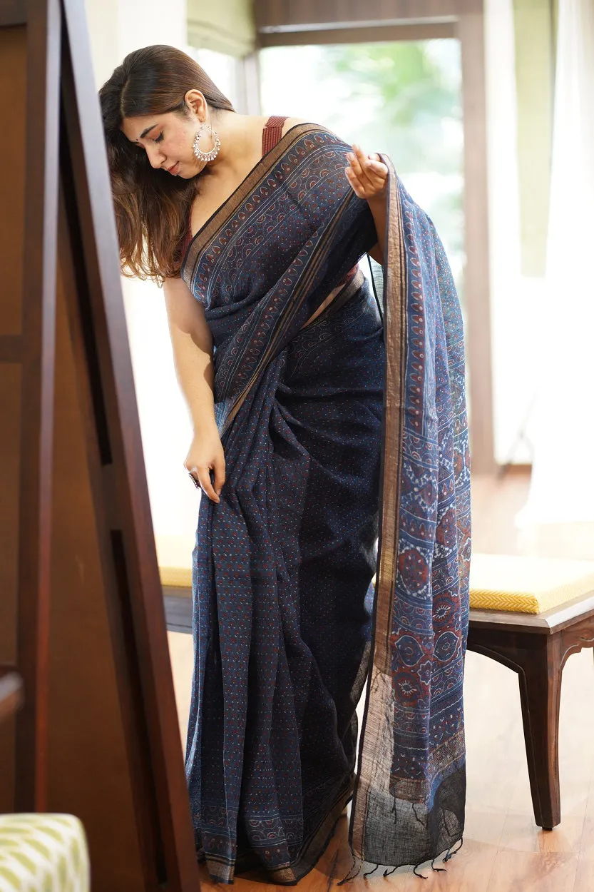 Ajrakh Hand Block Printed Linen Saree