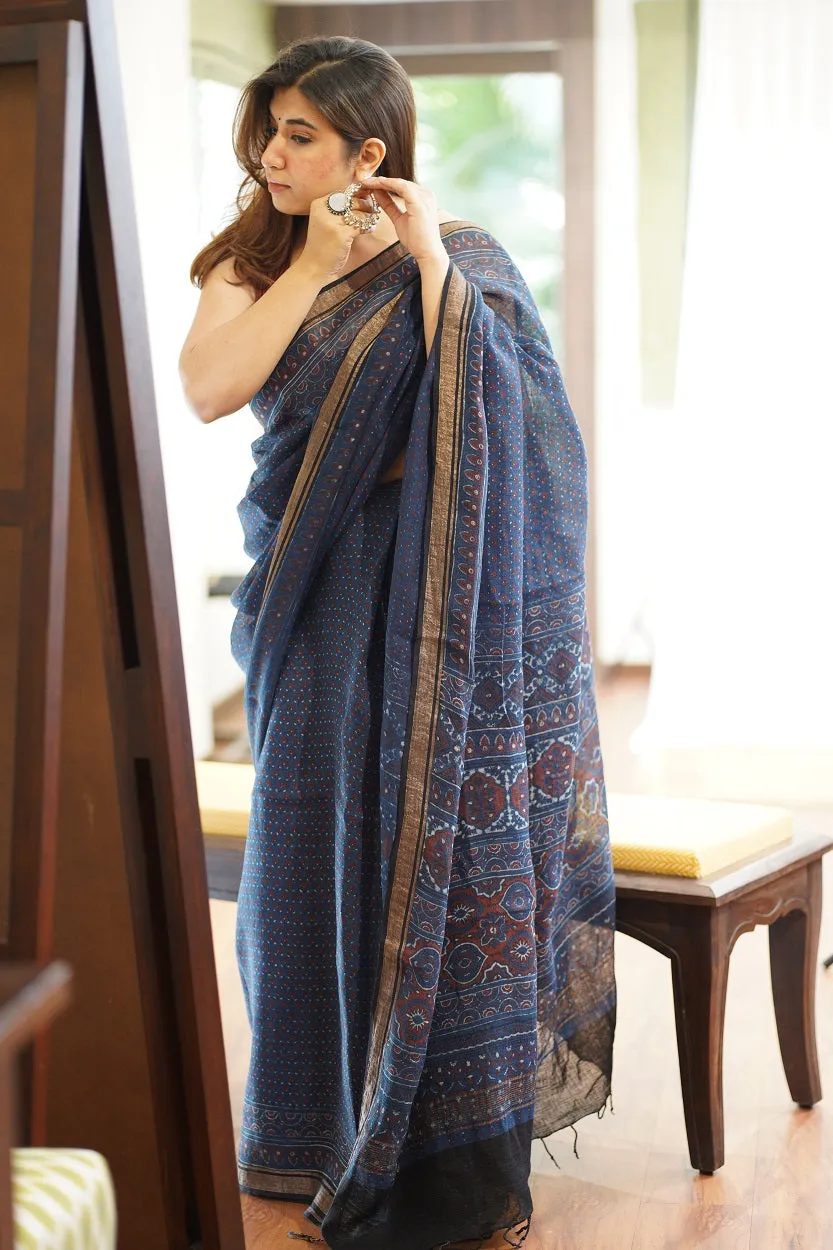 Ajrakh Hand Block Printed Linen Saree