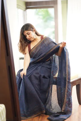 Ajrakh Hand Block Printed Linen Saree