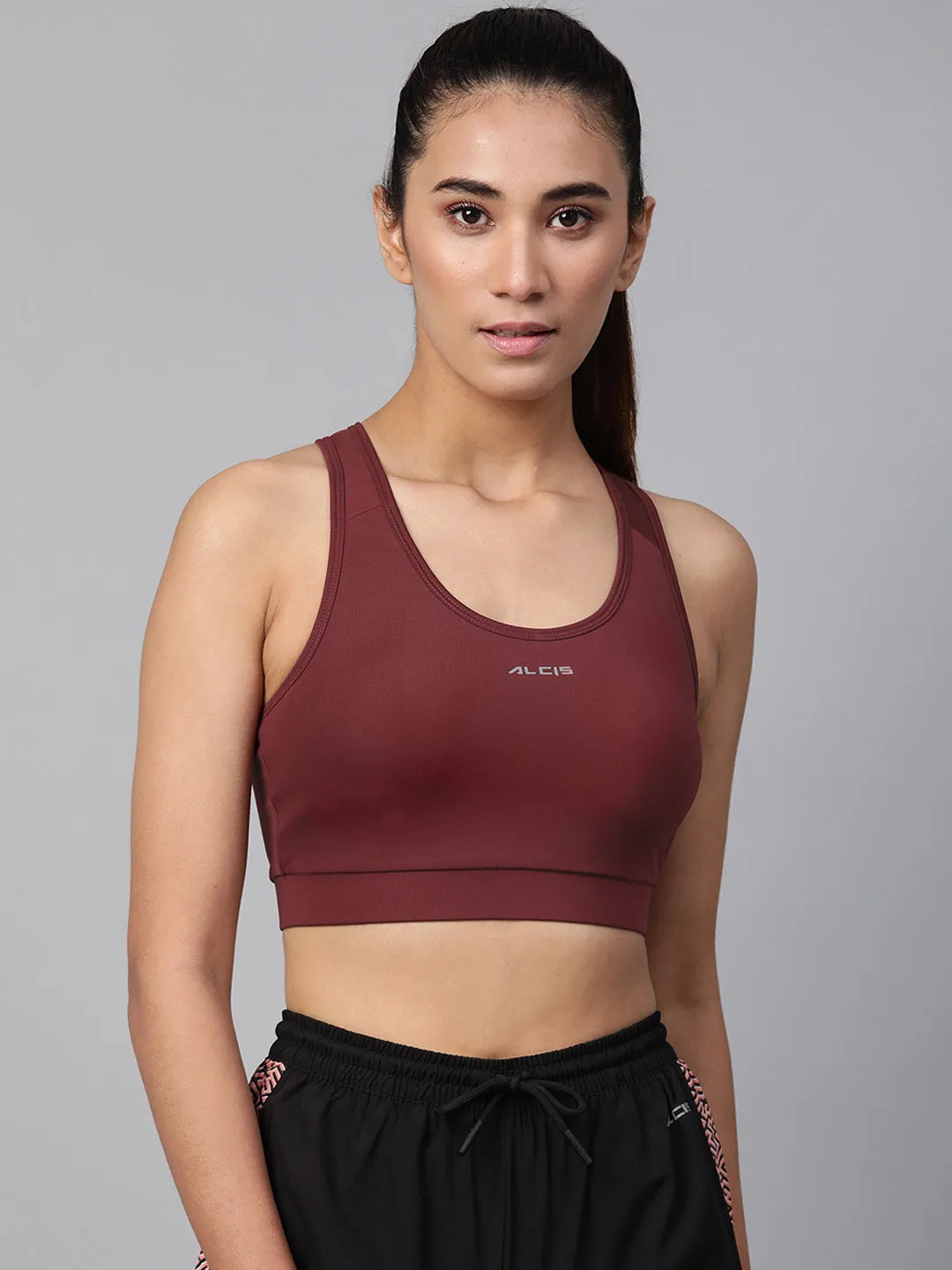 Alcis Maroon Solid Non-Wired Lightly Padded Workout Bra