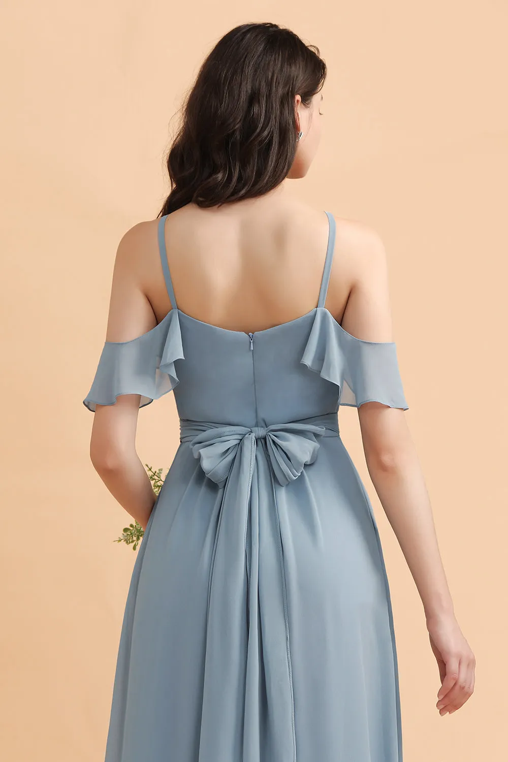 Amazing Long A-Line Off-the-Shoulder Chiffon Grey Blue Bridesmaid Dress With Bowknot