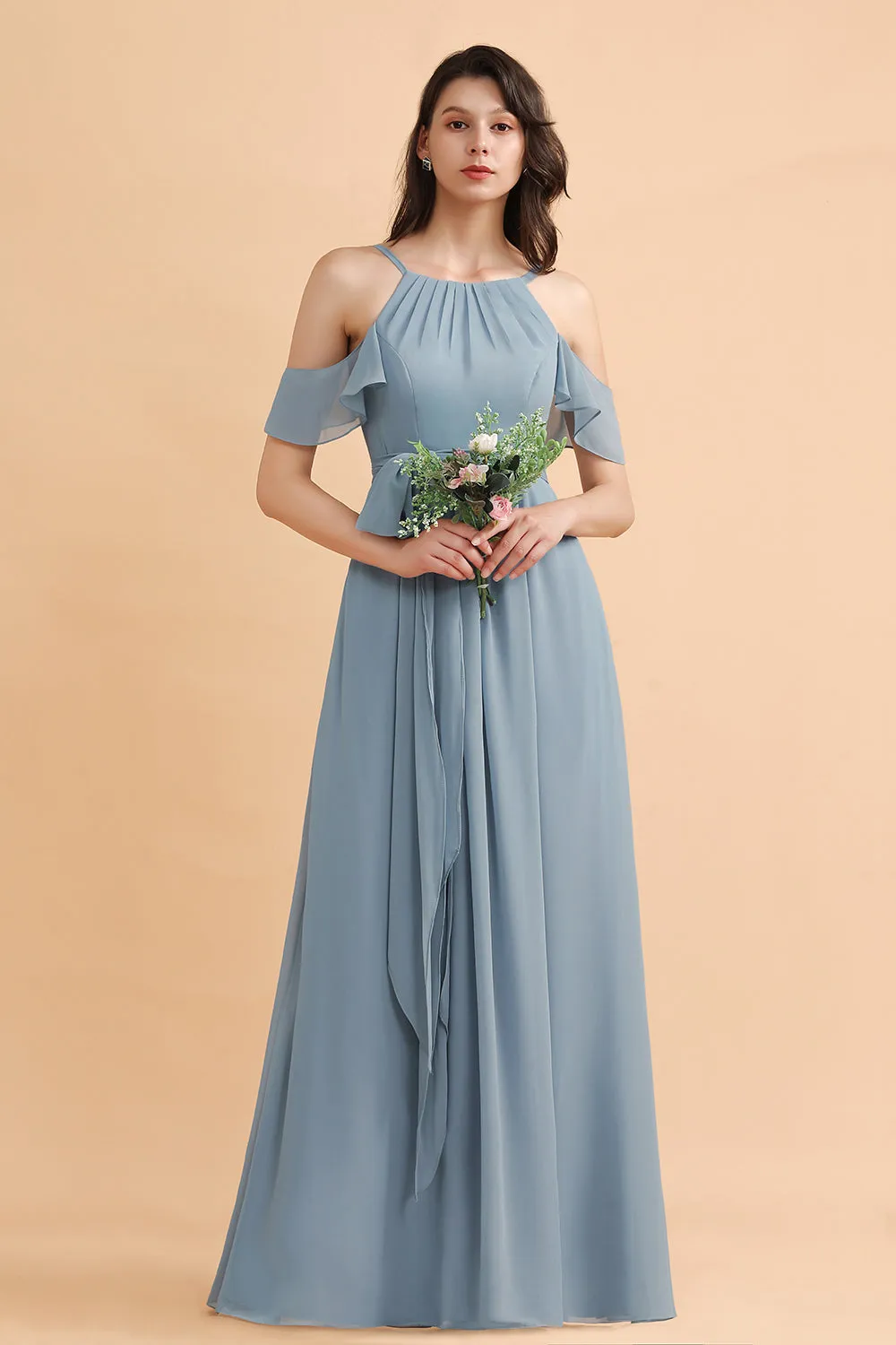 Amazing Long A-Line Off-the-Shoulder Chiffon Grey Blue Bridesmaid Dress With Bowknot