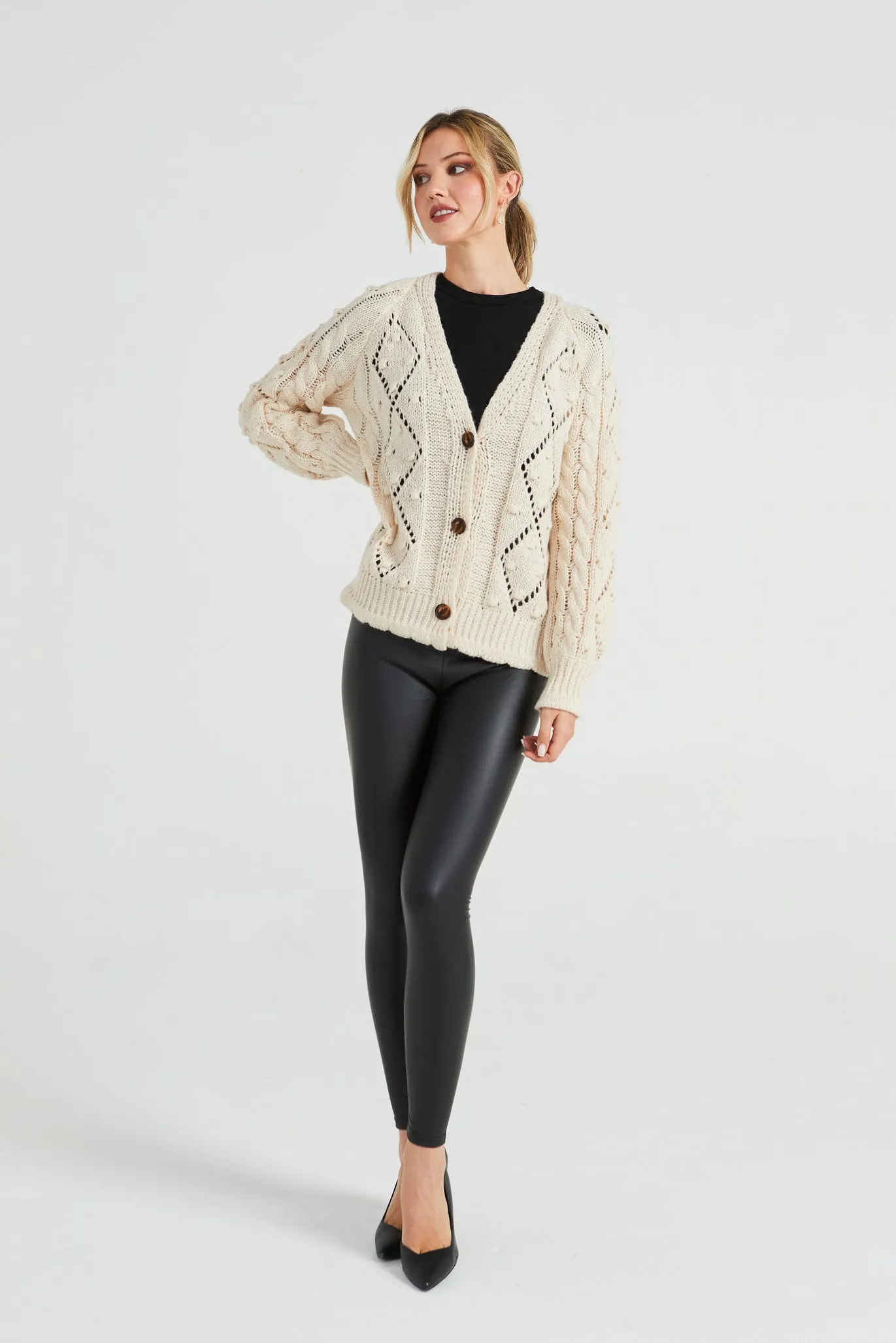 Angeleye Cable Knit V Neck Cardigan With Pom-pom