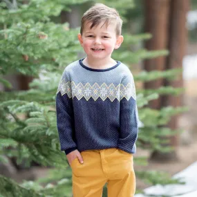 Antique Blue Fair Isle Knit Crew Neck Sweater in Blue