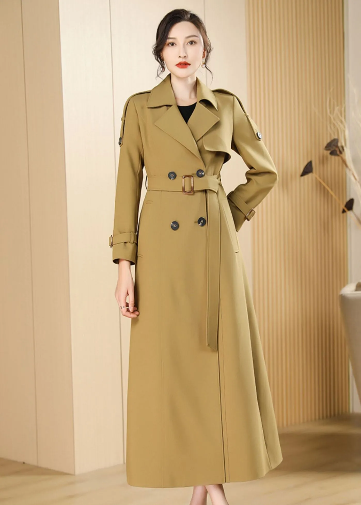 Audrey Epaulet Double Breasted Button Long Trench Coat