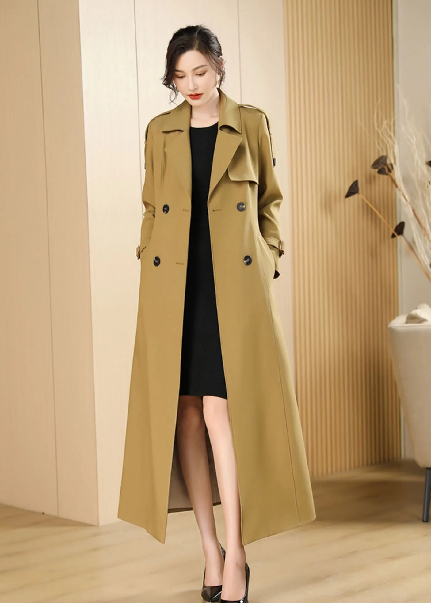 Audrey Epaulet Double Breasted Button Long Trench Coat