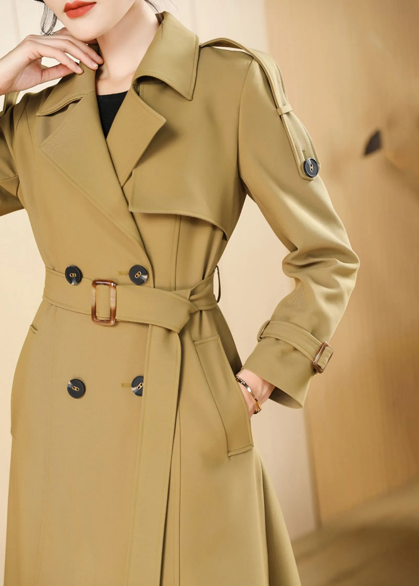 Audrey Epaulet Double Breasted Button Long Trench Coat