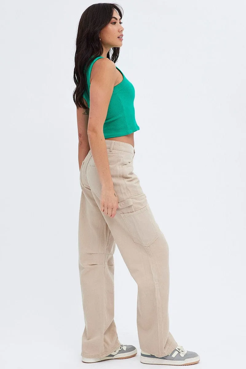 Beige Cargo Jeans Mid Rise