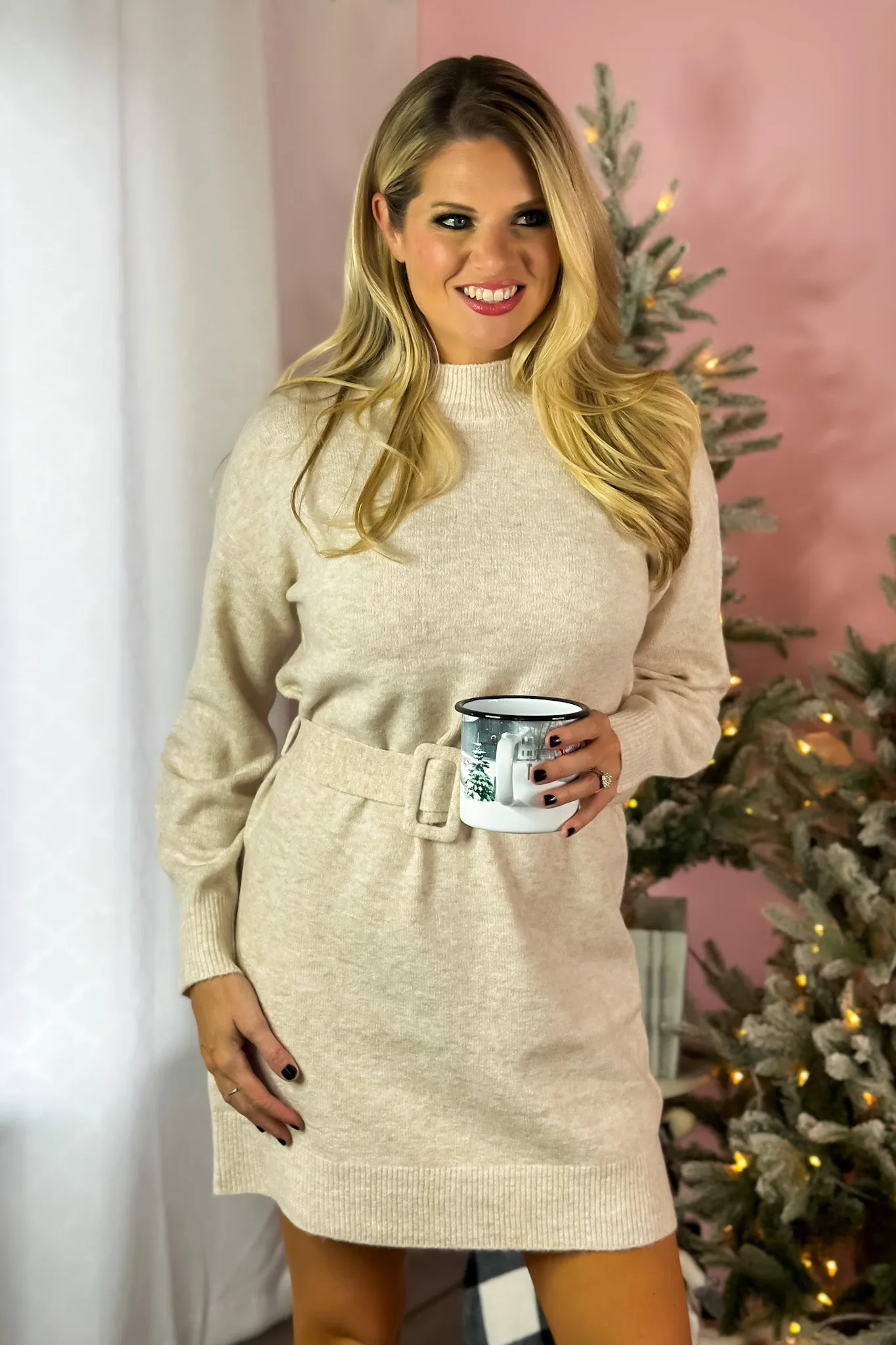 Beloved Beauty Mock Neck Belted Sweater Dress : Ecru