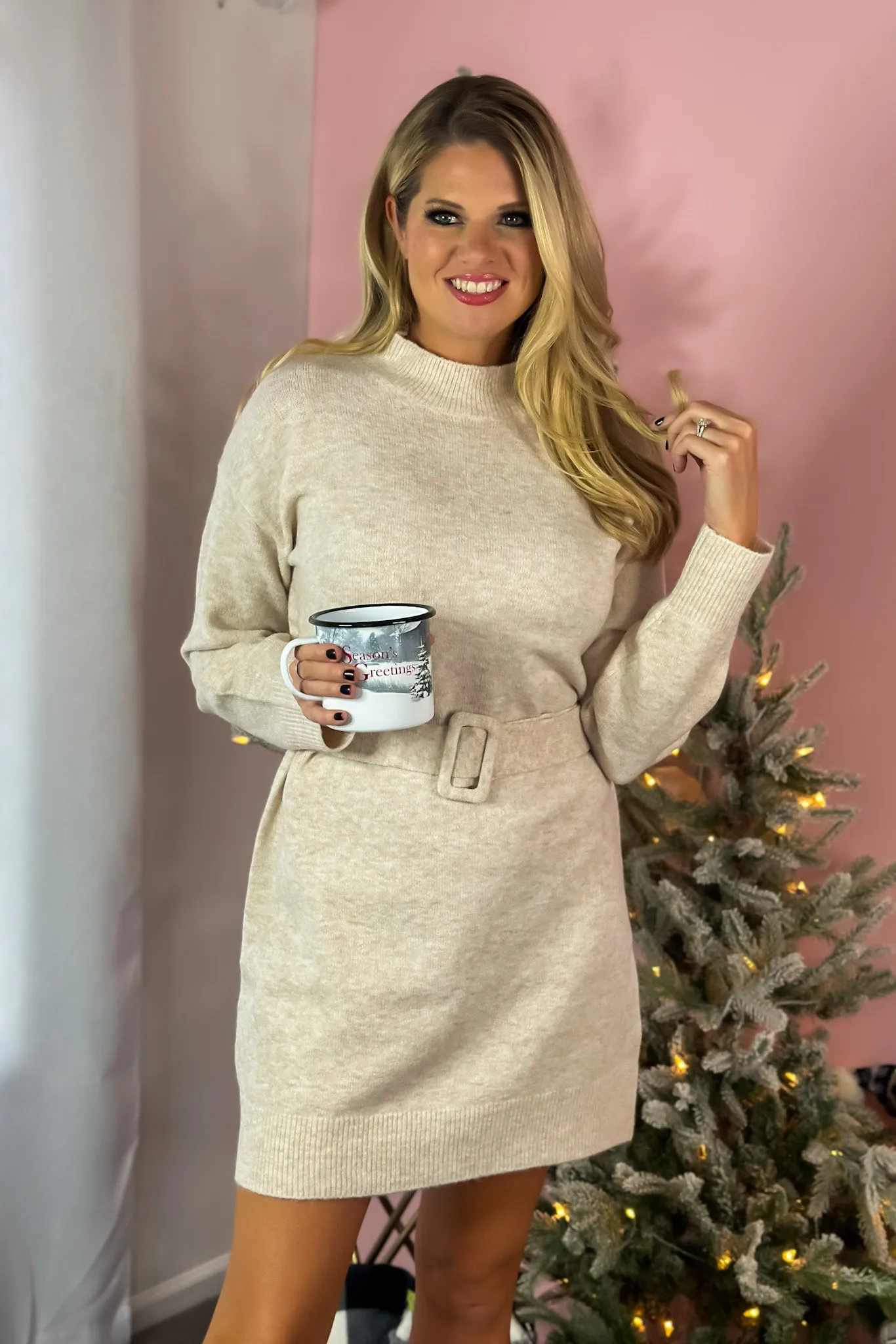 Beloved Beauty Mock Neck Belted Sweater Dress : Ecru