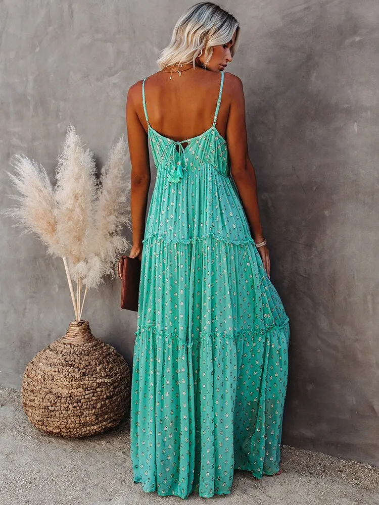 BerriesJam - 2024 Sleeveless V Neck Spaghetti Strap Summer Maxi Dress