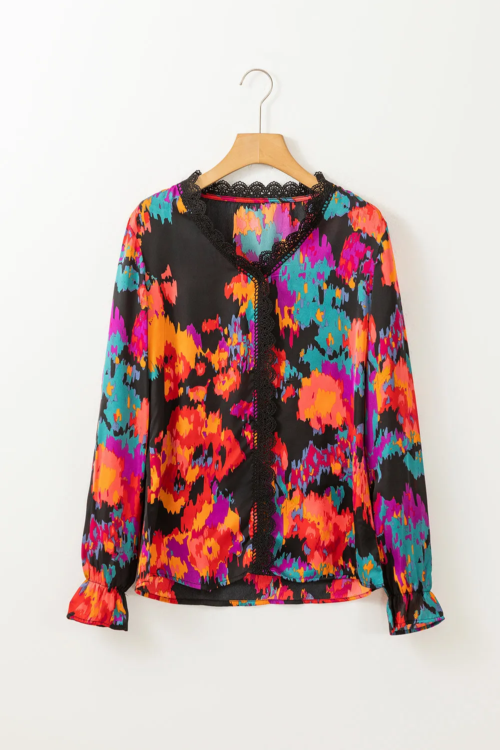 Black Abstract Printed Flounce Sleeve Lace V-Neck Blouse