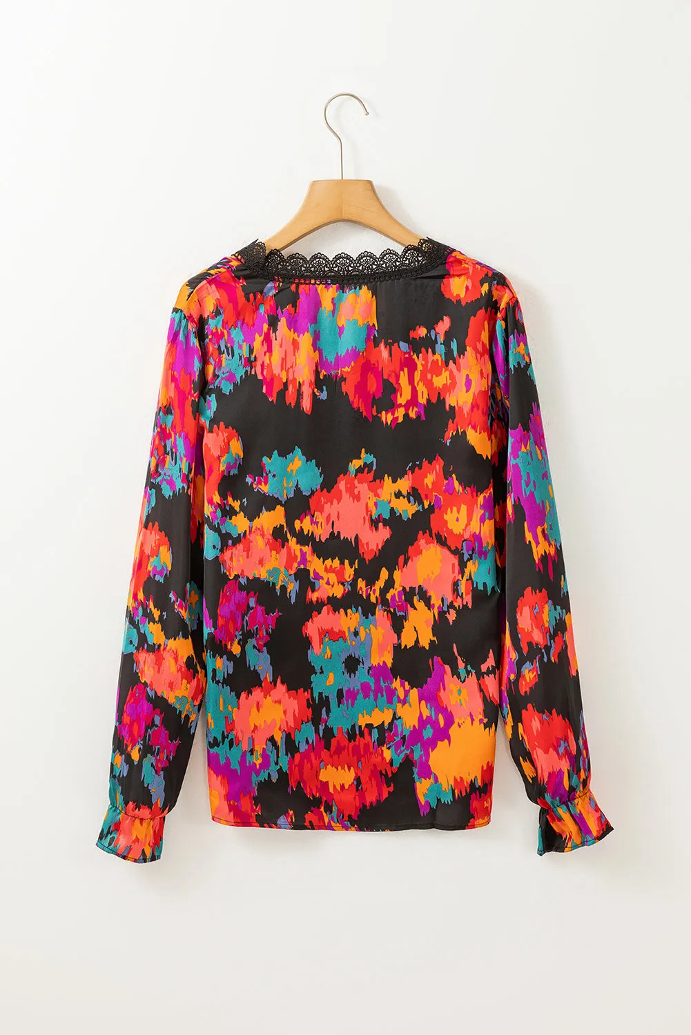 Black Abstract Printed Flounce Sleeve Lace V-Neck Blouse