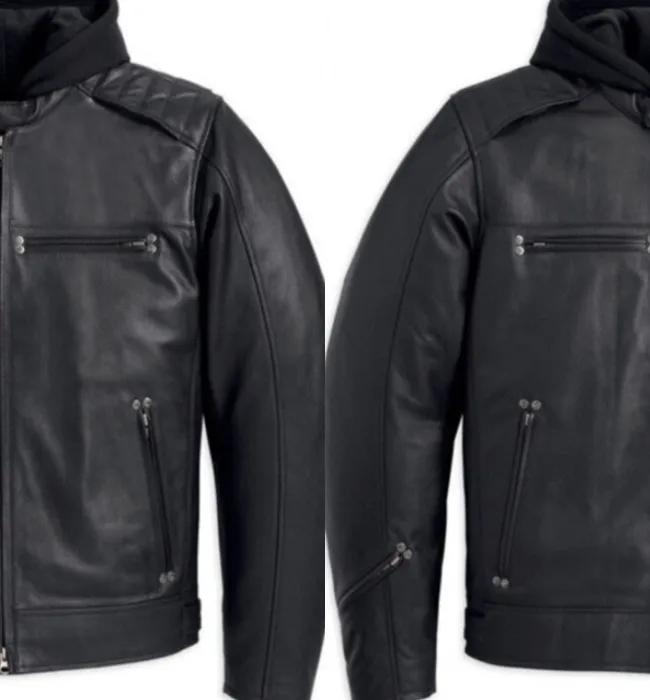 Black Hoodie Leather Biker Jacket for Men With Skull