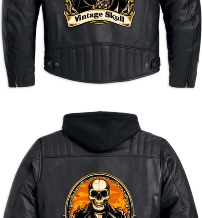 Black Hoodie Leather Biker Jacket for Men With Skull