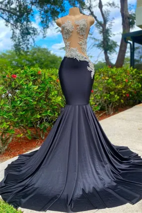 Black Long Sleeveless Strapless Satin Lace Appliques Mermaid Prom Dress