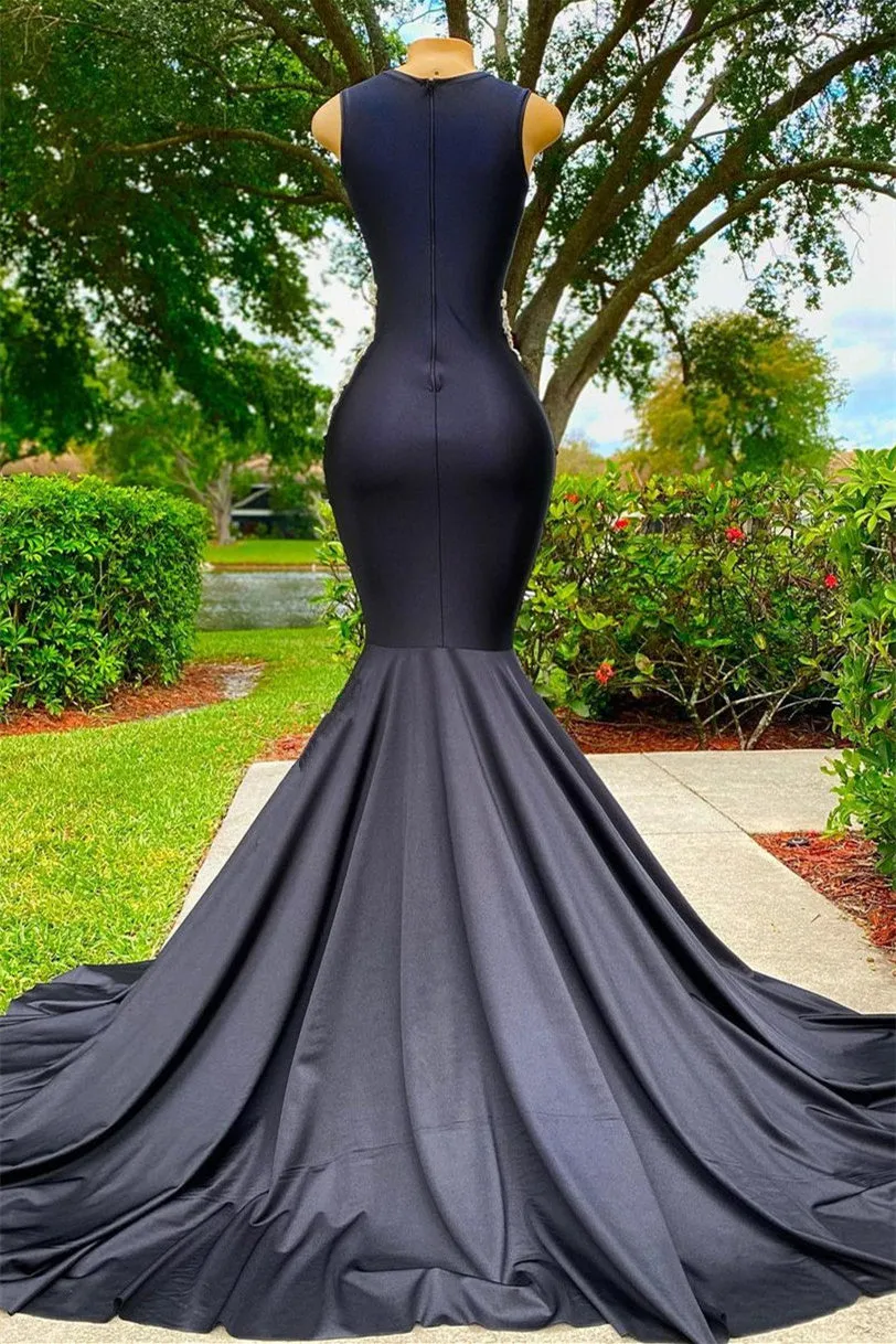 Black Long Sleeveless Strapless Satin Lace Appliques Mermaid Prom Dress