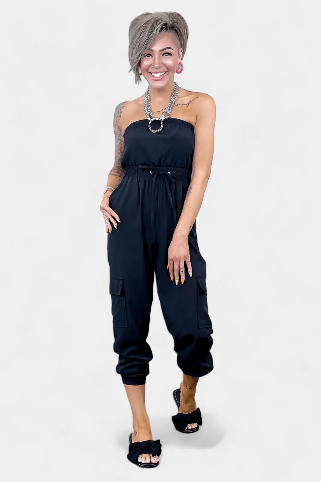 Black Strapless Jogger Jumpsuit