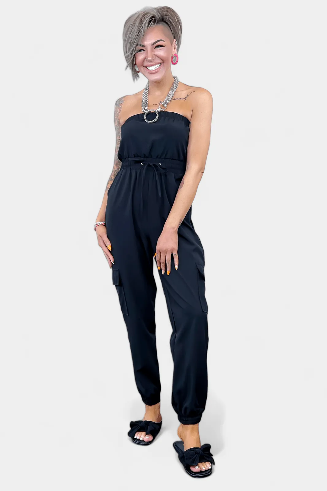 Black Strapless Jogger Jumpsuit