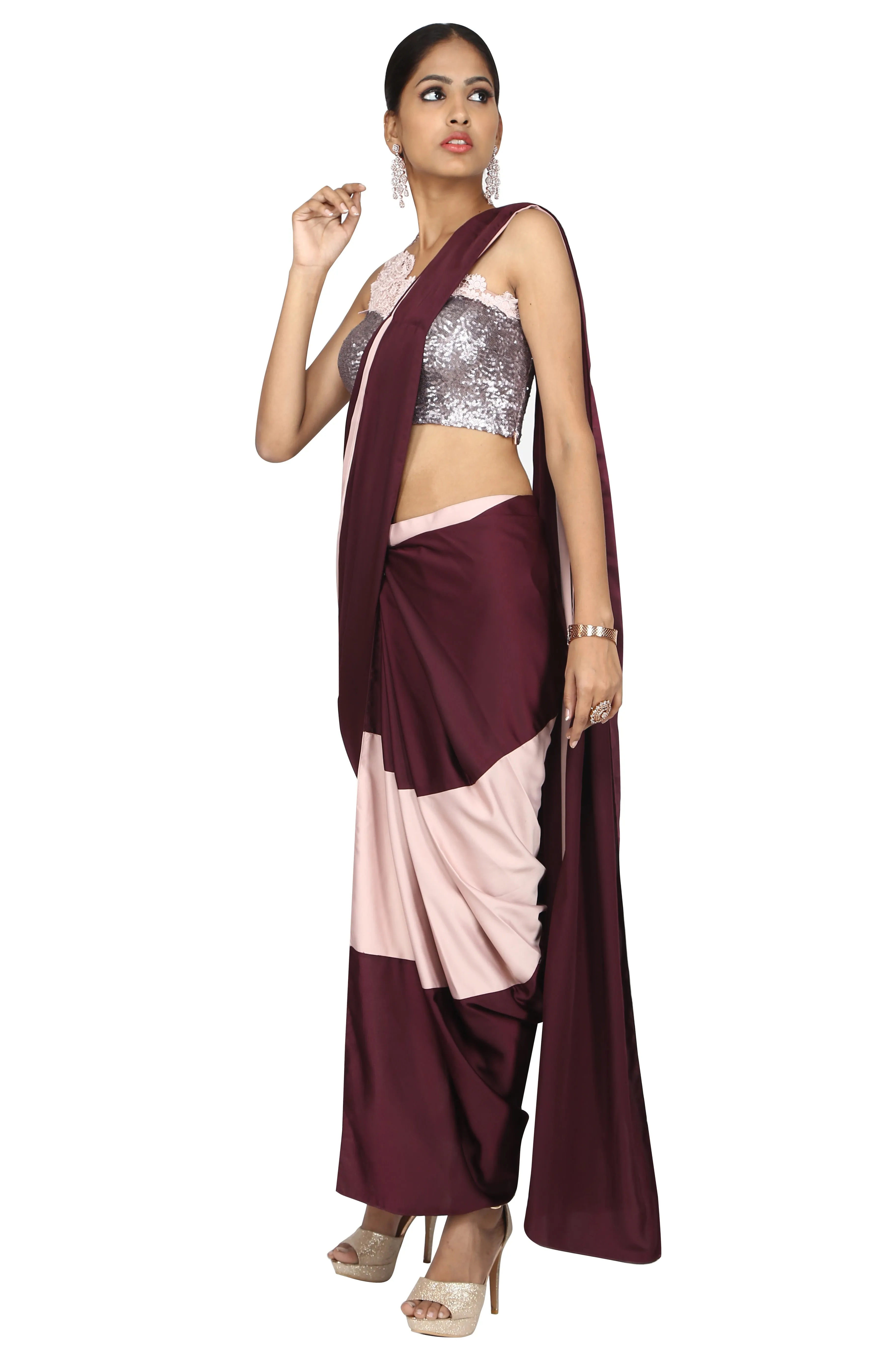 Blush Pink & Wine Pre-Stitched Saree.