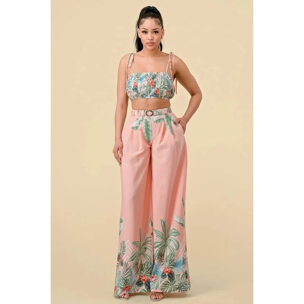 Boader Pleated Floral Pant Set - Pink