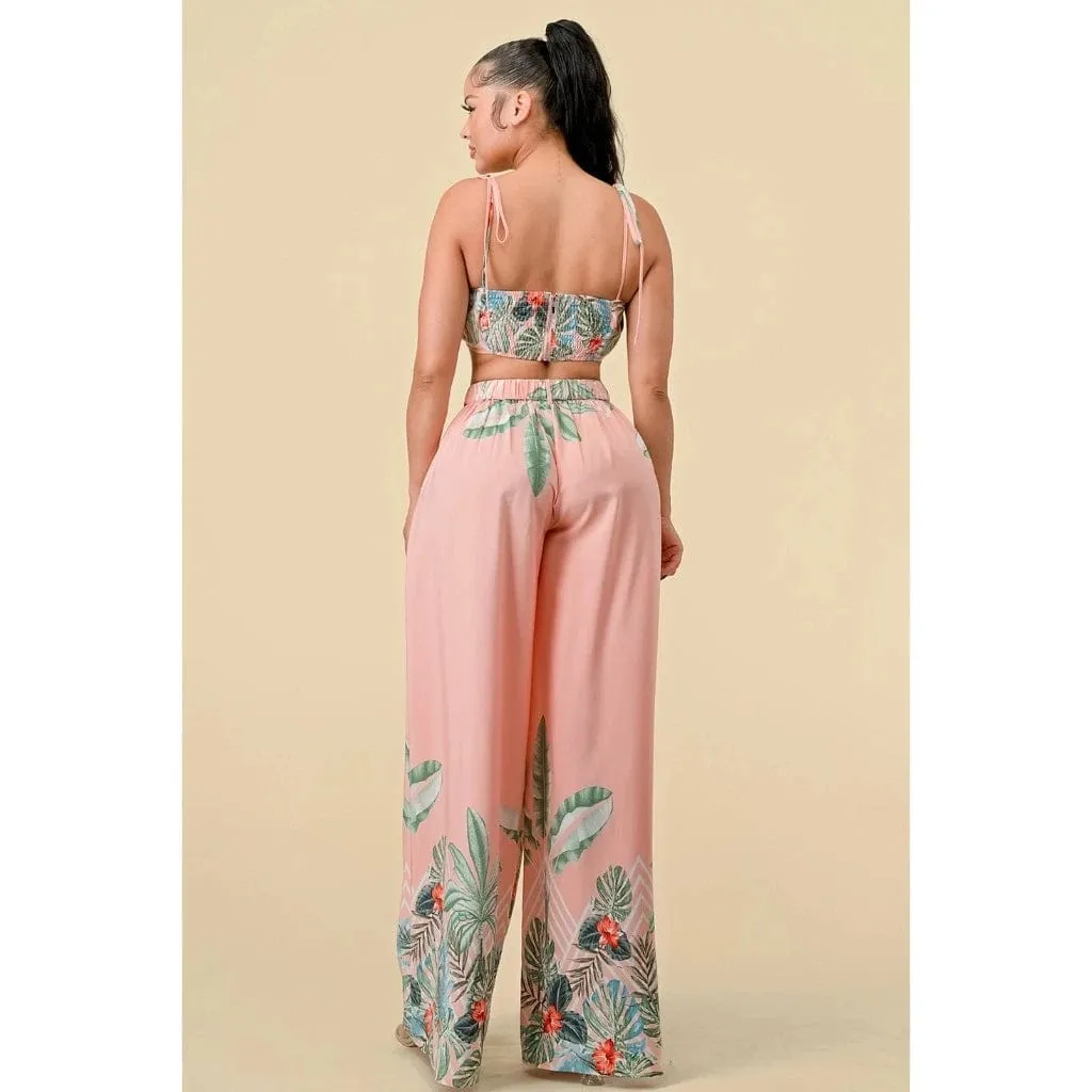 Boader Pleated Floral Pant Set - Pink