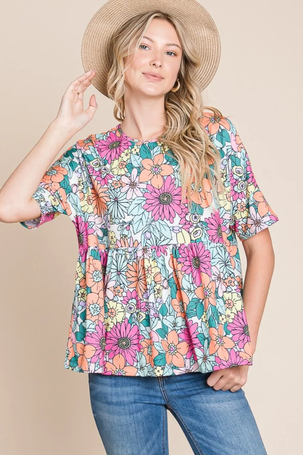 BOMBOM Floral Round Neck Short Sleeve Blouse