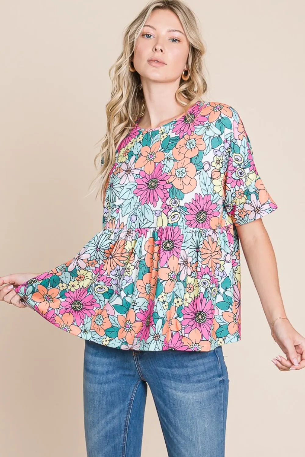 BOMBOM Floral Round Neck Short Sleeve Blouse